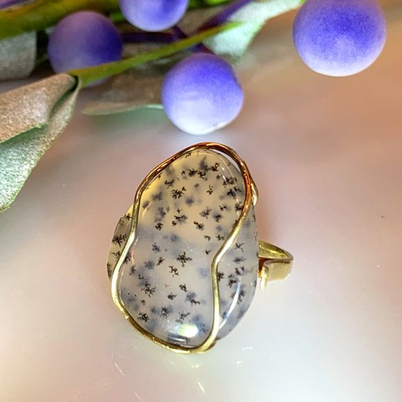 Spectacular Translucent Dendritic Agate Ring 14k Solid Gold (6.5) - Picture 2 of 16